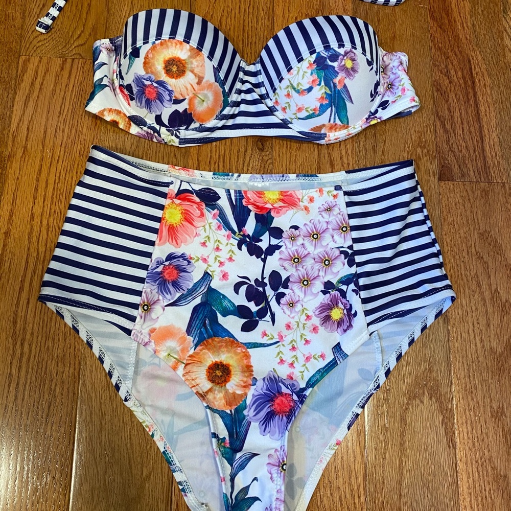 Floral and stripe high rise bottom two piece